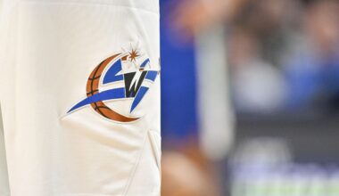 A view of the Washington Wizards logo during the game between Wizards and the Dallas Mavericks at the American Airlines Center.