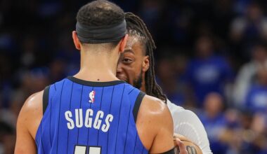 Orlando Magic guard Jalen Suggs (4) and Cleveland Cavaliers guard Darius Garland (10) go head to head in the third quarter during game four of the first round for the 2024 NBA playoffs at Kia Center.