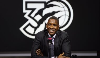 Sep 30, 2024; Toronto, Ontario, Canada; Toronto Raptors vice chairman and team president Masai Ujiri talks to the media during media day at Scotiabank Area. Mandatory Credit: John E. Sokolowski-Imagn Images