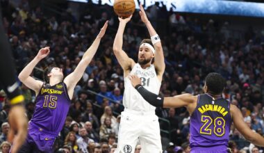 Jan 7, 2025; Dallas, Texas, USA; Dallas Mavericks guard Klay Thompson (31) shoots over Los Angeles Lakers guard Austin Reaves (15) and Los Angeles Lakers forward Rui Hachimura (28) during the first half at American Airlines Center. Mandatory Credit: Kevin Jairaj-Imagn Images