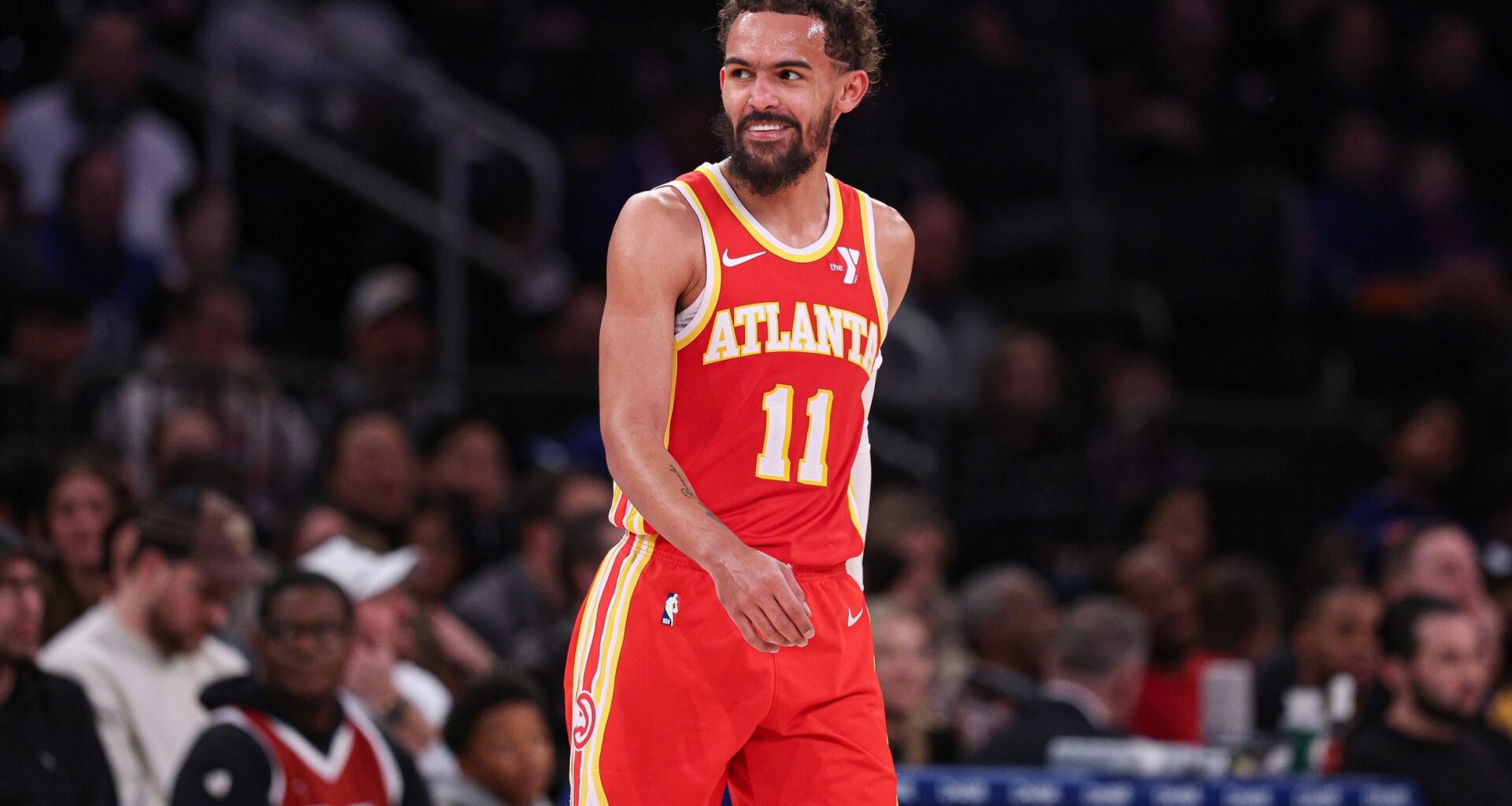 Jan 20, 2025; New York, New York, USA; Atlanta Hawks guard Trae Young (11) reacts after being assessed a technical foul during the second half against the New York Knicks at Madison Square Garden. Mandatory Credit: Vincent Carchietta-Imagn Images