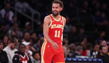 Jan 20, 2025; New York, New York, USA; Atlanta Hawks guard Trae Young (11) reacts after being assessed a technical foul during the second half against the New York Knicks at Madison Square Garden. Mandatory Credit: Vincent Carchietta-Imagn Images