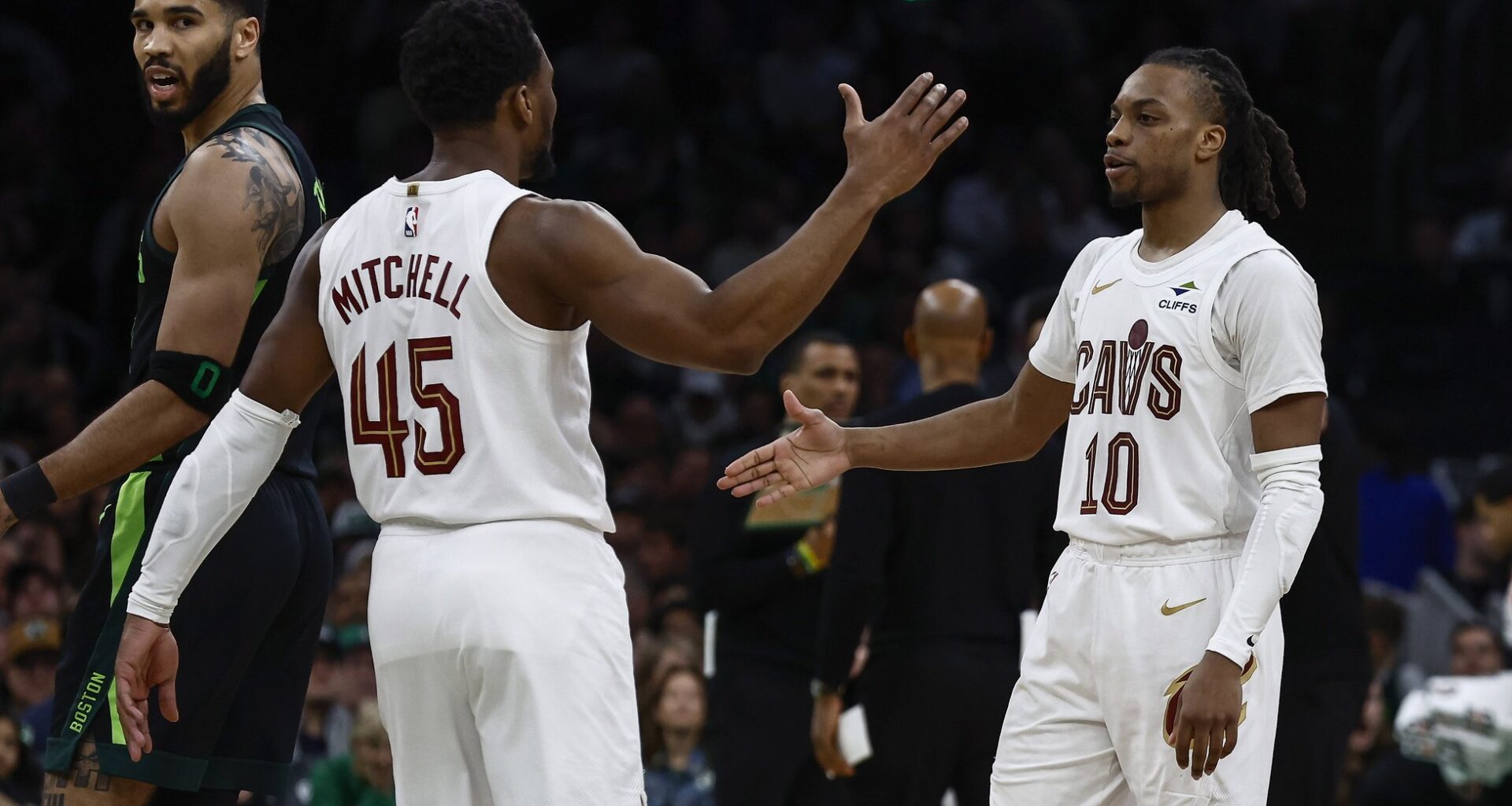 Cleveland Cavaliers guard Donovan Mitchell (45) and guard Darius Garland