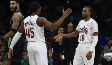 Cleveland Cavaliers guard Donovan Mitchell (45) and guard Darius Garland