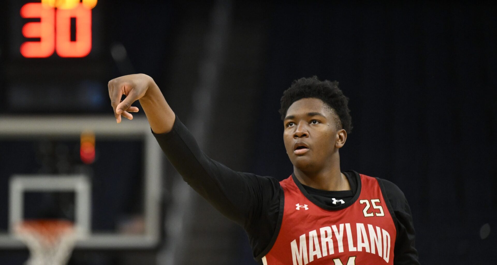Maryland Terrapins center Derik Queen (25) shoots the basketball during NCAA Tournament West Regional Practice at Chase Center.