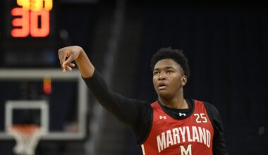 Maryland Terrapins center Derik Queen (25) shoots the basketball during NCAA Tournament West Regional Practice at Chase Center.