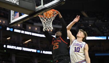 Mar 27, 2025; San Francisco, CA, USA; Maryland Terrapins center Derik Queen (25) dunks past Florida Gators forward Thomas Haugh (10) during the second half during a West Regional semifinal of the 2025 NCAA tournament at Chase Center. Mandatory Credit: Eakin Howard-Imagn Images