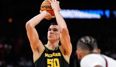 Michigan center Vladislav Goldin (50) attempts a free throw against Auburn during the second half of the Sweet 16 round of NCAA tournament at State Farm Arena in Atlanta, Ga. on Friday, March 28, 2025.