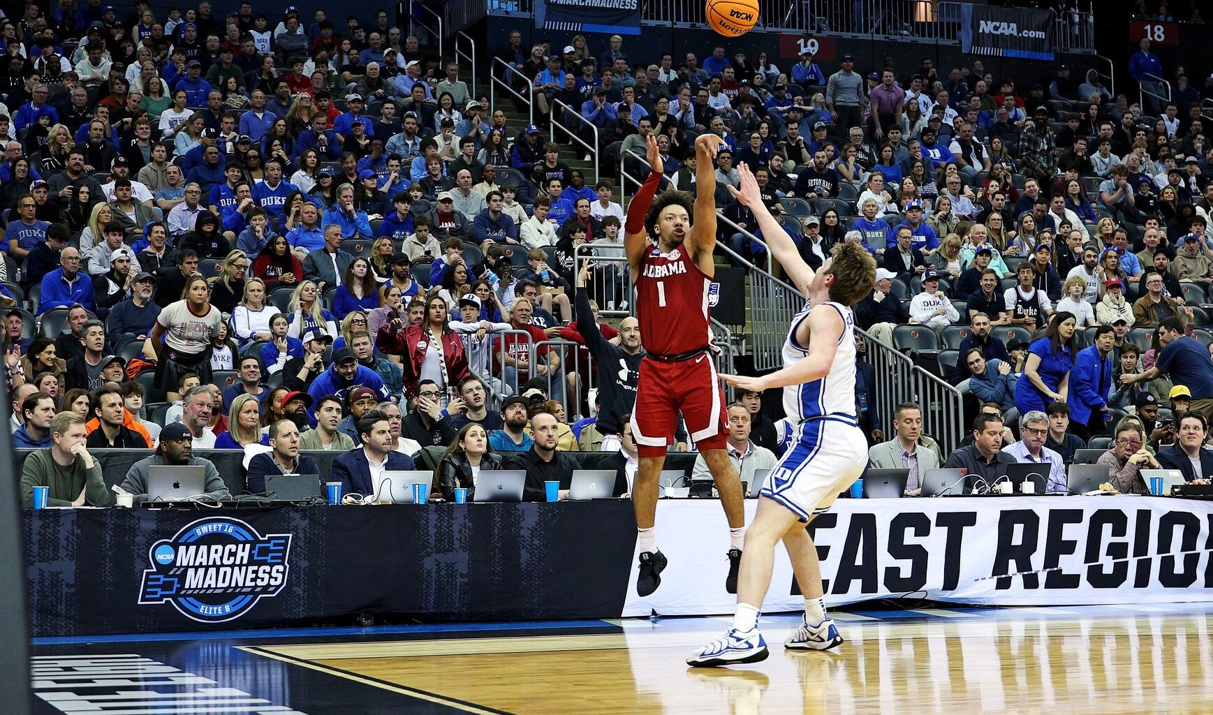 Mar 29, 2025; Newark, NJ, USA; Alabama Crimson Tide guard Mark Sears (1) shoots the ball against Duke Blue Devils guard Kon Knueppel (7) during the first half in the East Regional final of the 2025 NCAA tournament at Prudential Center. Mandatory Credit: Vincent Carchietta-Imagn Images