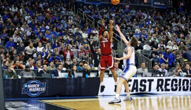Mar 29, 2025; Newark, NJ, USA; Alabama Crimson Tide guard Mark Sears (1) shoots the ball against Duke Blue Devils guard Kon Knueppel (7) during the first half in the East Regional final of the 2025 NCAA tournament at Prudential Center. Mandatory Credit: Vincent Carchietta-Imagn Images