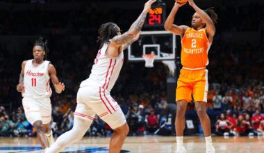 Tennessee guard Chaz Lanier (2) with the shot attempt during the NCAA Tournament Elite Eight game against Houston at Lucas Oil Stadium in Indianapolis, Ind., on Sunday, March 30, 2025.