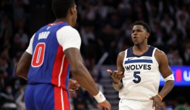 Mar 30, 2025; Minneapolis, Minnesota, USA; Minnesota Timberwolves guard Anthony Edwards (5) celebrates his 3-point basket against the Detroit Pistons during the third quarter at Target Center. Mandatory Credit: Matt Krohn-Imagn Images