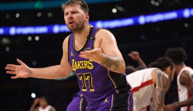 Mar 31, 2025; Los Angeles, California, USA; Los Angeles Lakers guard Luka Doncic (77) reacts to a play during the third quarter against the Houston Rockets at Crypto.com Arena. Mandatory Credit: Kiyoshi Mio-Imagn Images