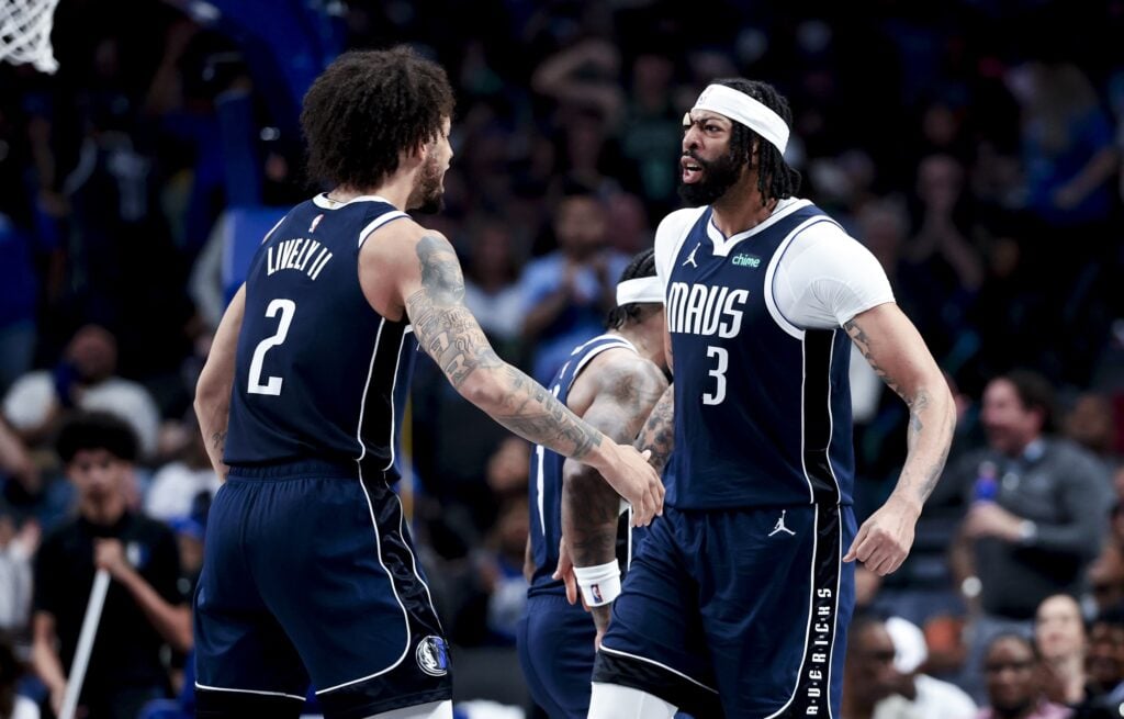 Dallas Mavericks forward Anthony Davis (3) celebrates with Dallas Mavericks center Dereck Lively II (2) 