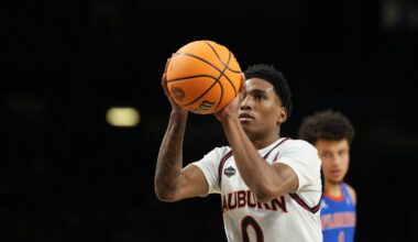 Apr 5, 2025; San Antonio, TX, USA; Auburn Tigers guard Tahaad Pettiford (0) shoots a free throw against the Florida Gators during the first half in the semifinals of the men's Final Four of the 2025 NCAA Tournament at the Alamodome. Mandatory Credit: Bob Donnan-Imagn Images