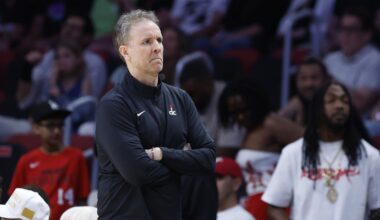 Apr 13, 2025; Miami, Florida, USA; Washington Wizards head coach Brian Keefe reacts against the Miami Heat during the second half at Kaseya Center. Mandatory Credit: Rhona Wise-Imagn Images