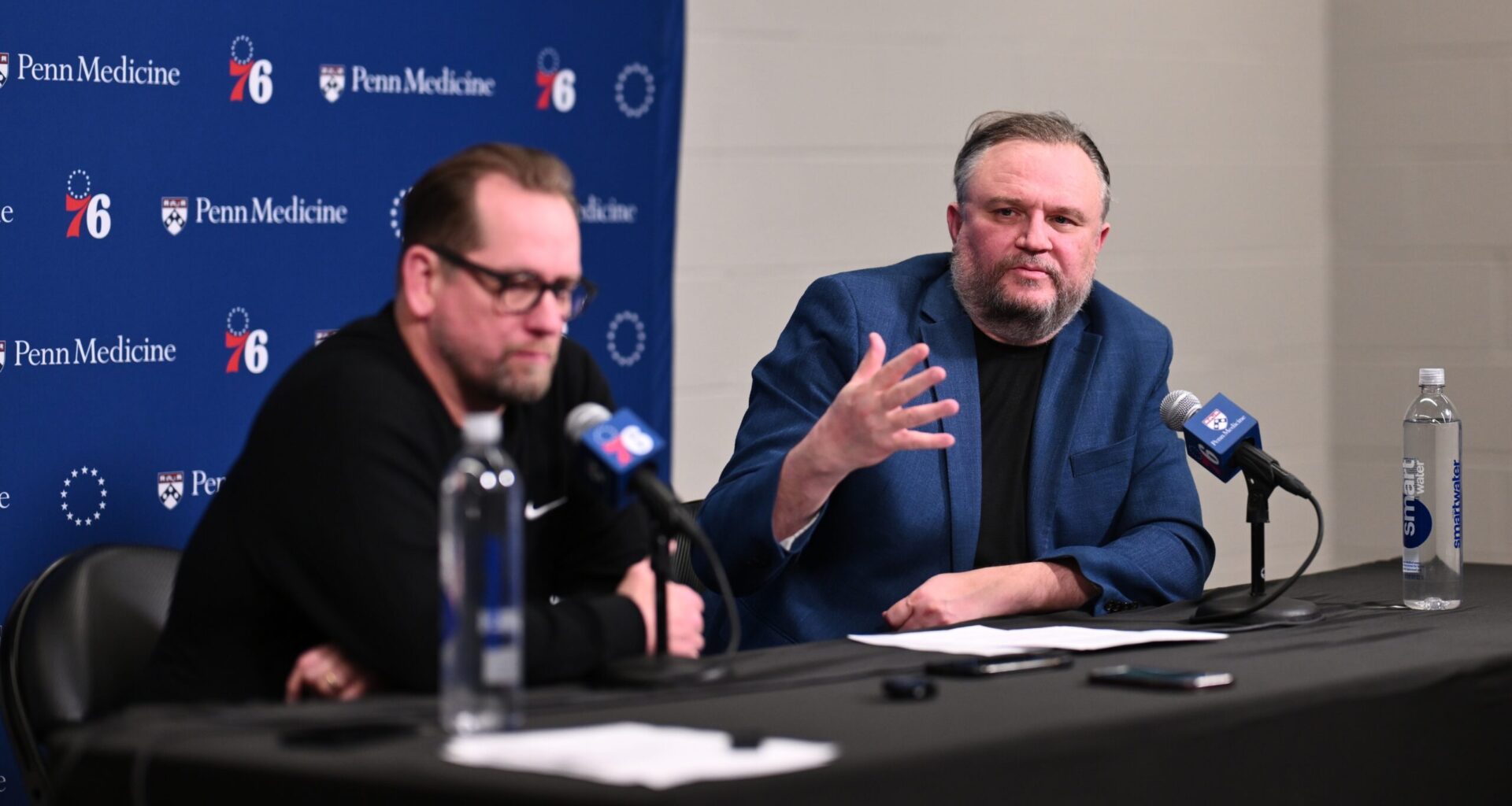 Apr 13, 2025; Philadelphia, Pennsylvania, USA; Philadelphia 76ers president of basketball operations Daryl Morey addresses the media with head coach Nick Nurse after the game against the Chicago Bulls at Wells Fargo Center. Mandatory Credit: Kyle Ross-Imagn Images