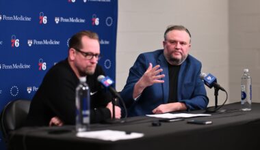 Apr 13, 2025; Philadelphia, Pennsylvania, USA; Philadelphia 76ers president of basketball operations Daryl Morey addresses the media with head coach Nick Nurse after the game against the Chicago Bulls at Wells Fargo Center. Mandatory Credit: Kyle Ross-Imagn Images