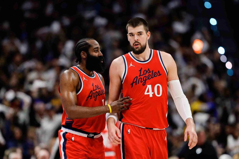Apr 21, 2025; Denver, Colorado, USA; Los Angeles Clippers guard James Harden (1) and center Ivica Zubac (40) in the third quarter against the Denver Nuggets during game two of first round for the 2025 NBA Playoffs at Ball Arena. Mandatory Credit: Isaiah J. Downing-Imagn Images
