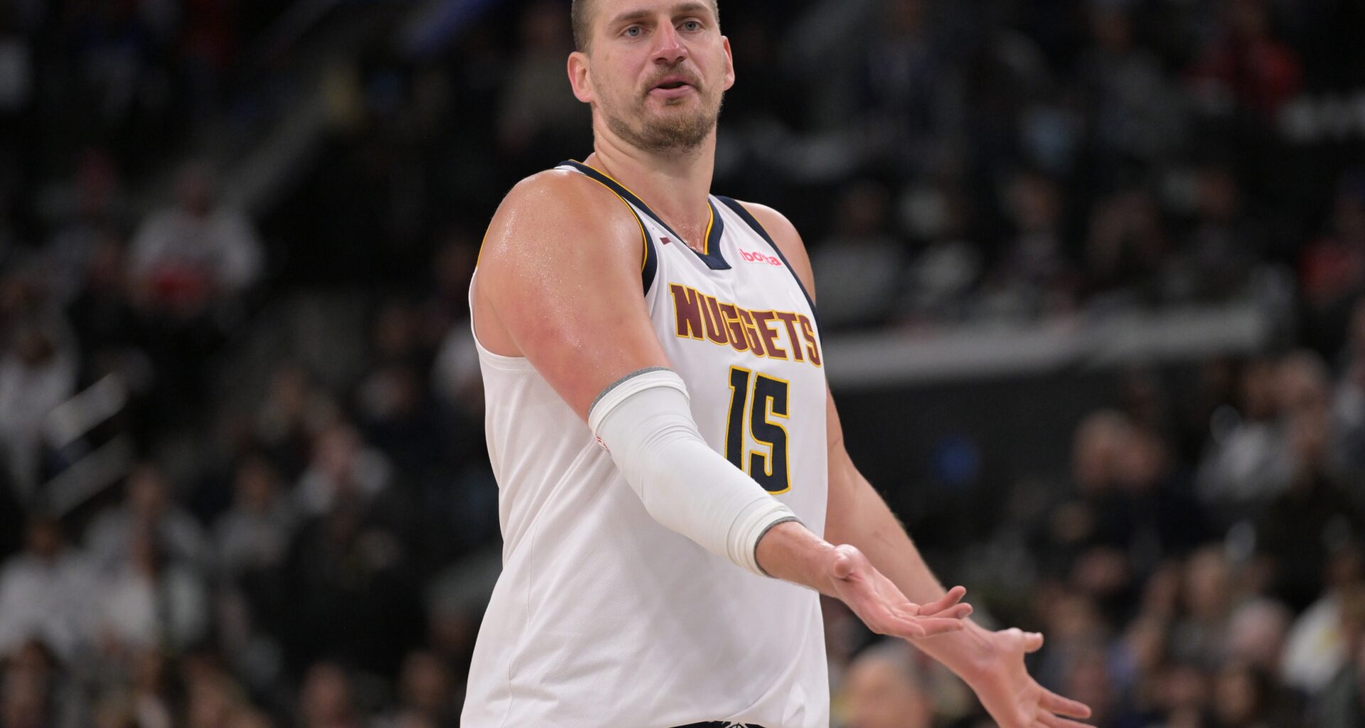 Nuggets star Nikola Jokic reacts to a play against the Clippers during the 2024-25 NBA season.