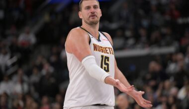 Nuggets star Nikola Jokic reacts to a play against the Clippers during the 2024-25 NBA season.