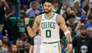 Celtics star Jayson Tatum reacts to a play against the Magic in the 2024-25 NBA Playoffs.