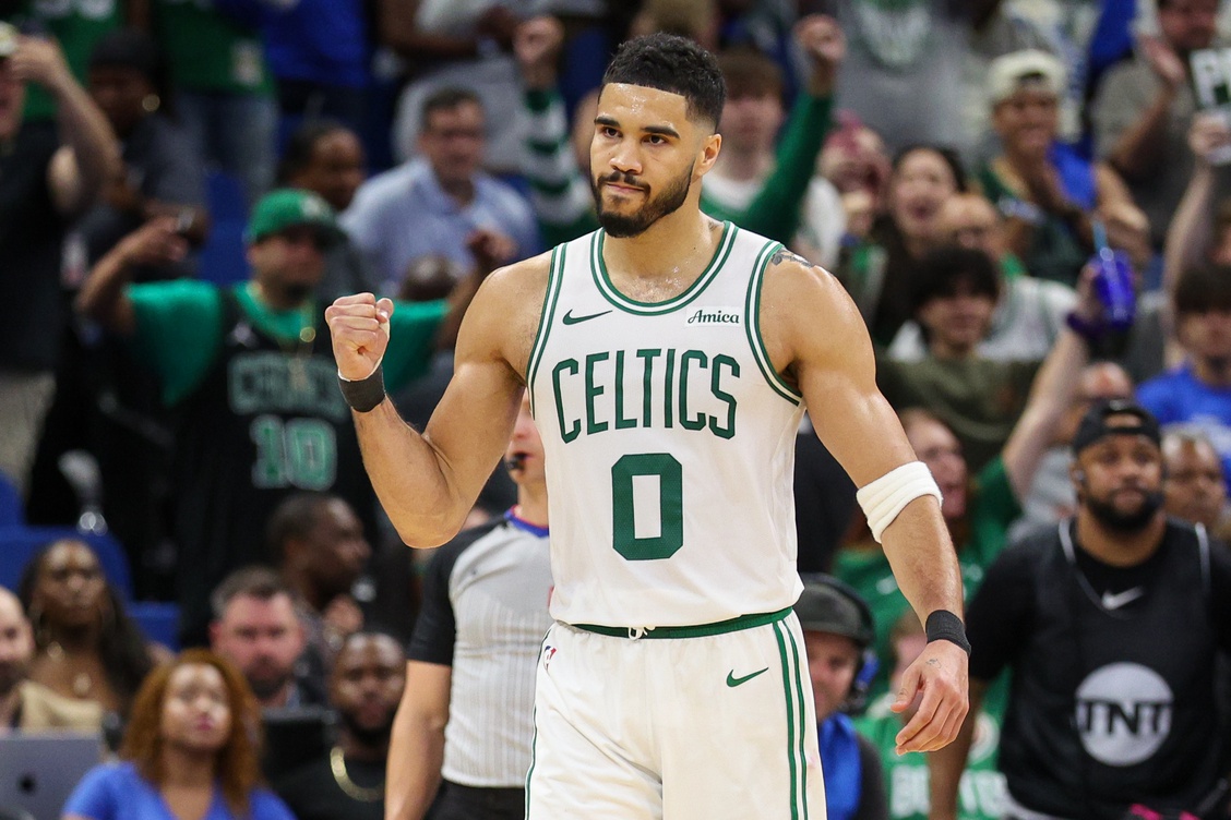 Celtics star Jayson Tatum reacts to a play against the Magic in the 2024-25 NBA Playoffs.