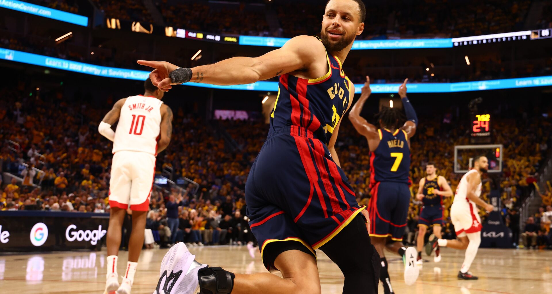 Warriors star Stephen Curry reacts to a basket against the Rockets during the 2024-25 NBA Playoffs.