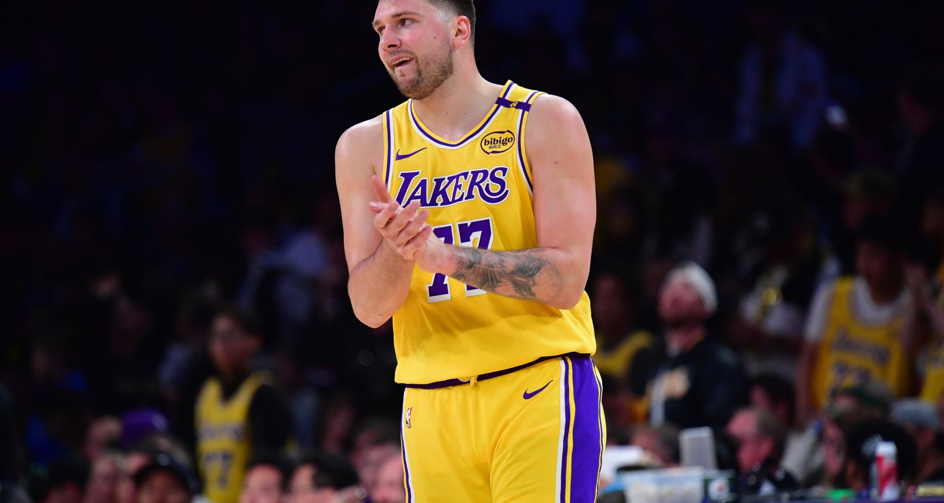 Los Angeles Lakers guard Luka Doncic (77) reacts during the second half in game five of first round for the 2025 NBA Playoffs at Crypto.com Arena.