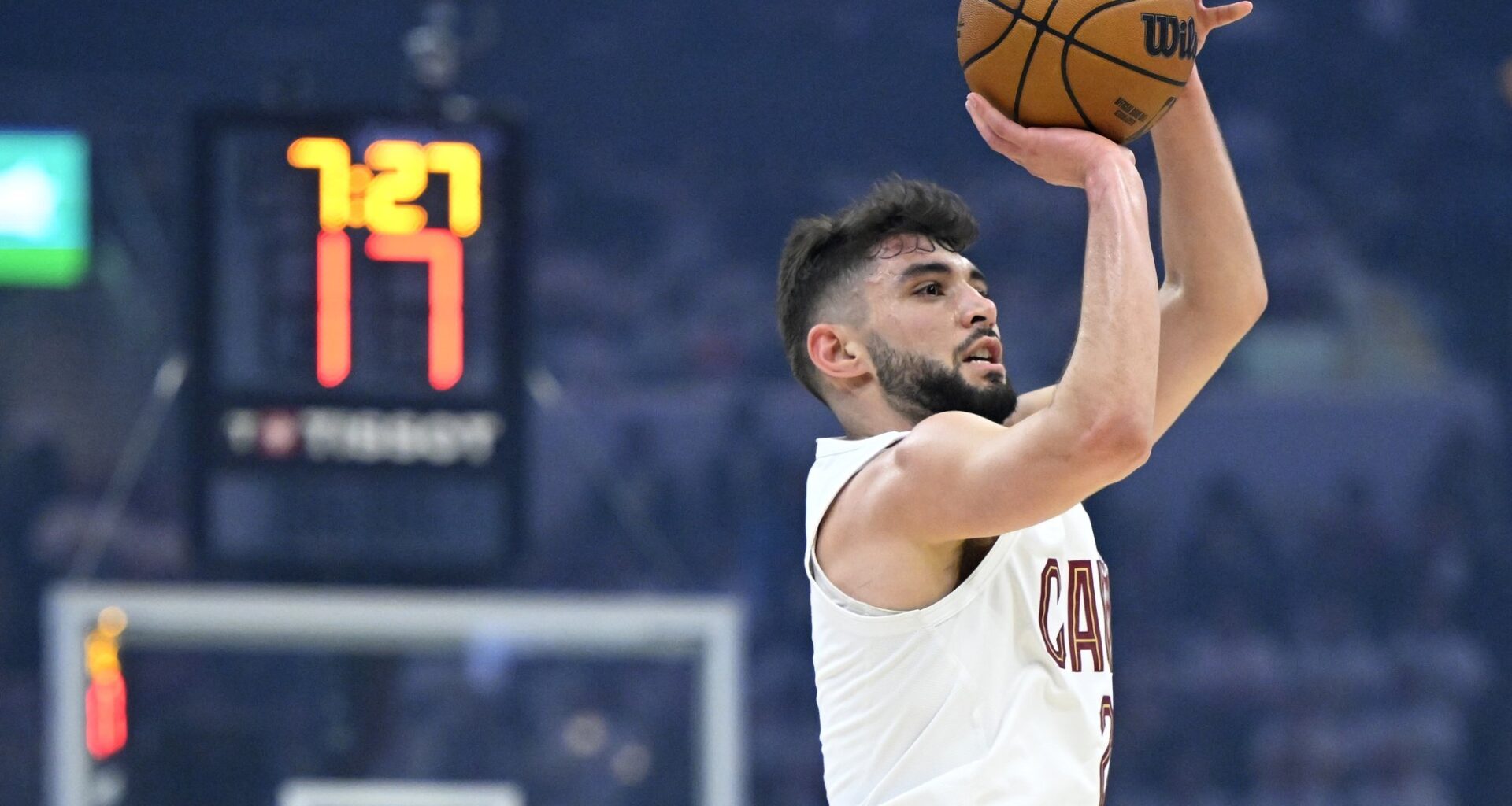 May 6, 2025; Cleveland, Ohio, USA; Cleveland Cavaliers guard Ty Jerome (2) shootsin the first quarter against the Indiana Pacers during game two of the second round of the 2025 NBA Playoffs at Rocket Arena. Mandatory Credit: David Richard-Imagn Images