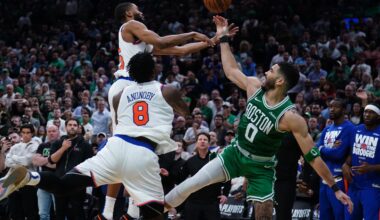 Celtics star Jayson Tatum loses the ball against the Knicks during the 2024-25 NBA Playoffs.