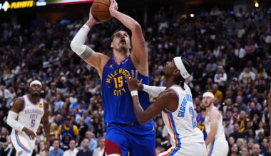 Nuggets superstar Nikola Jokic goes up with a shot over Shai Gilgeous-Alexander during the 2024-25 NBA Playoffs.