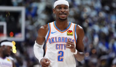 Thunder superstar Shai Gilgeous-Alexander runs the floor against the Nuggets during the 2024-25 NBA Playoffs.