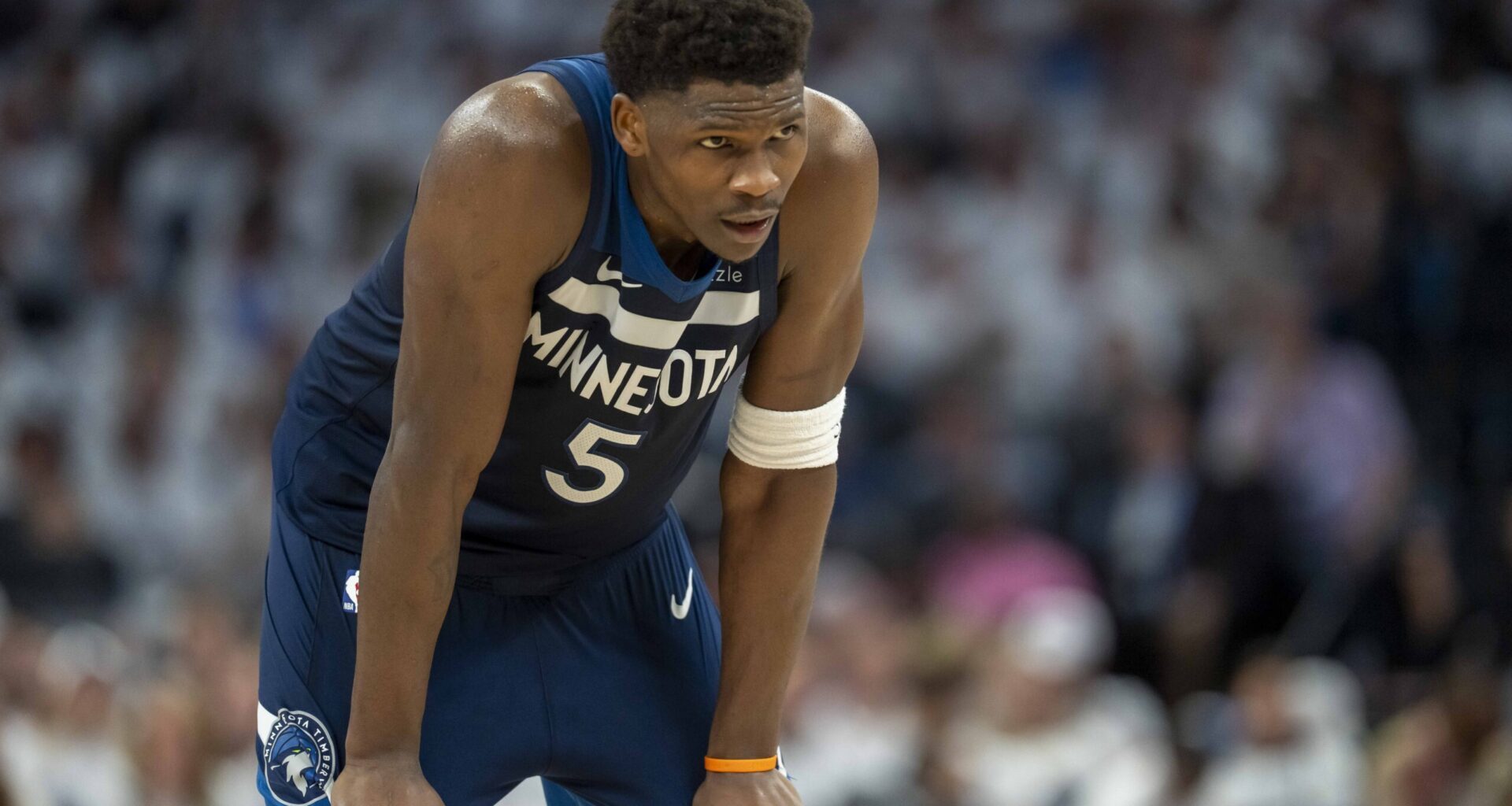 Minnesota Timberwolves guard Anthony Edwards (5) looks on against the Golden State Warriors in the first half during game five of the second round for the 2025 NBA Playoffs at Target Center.