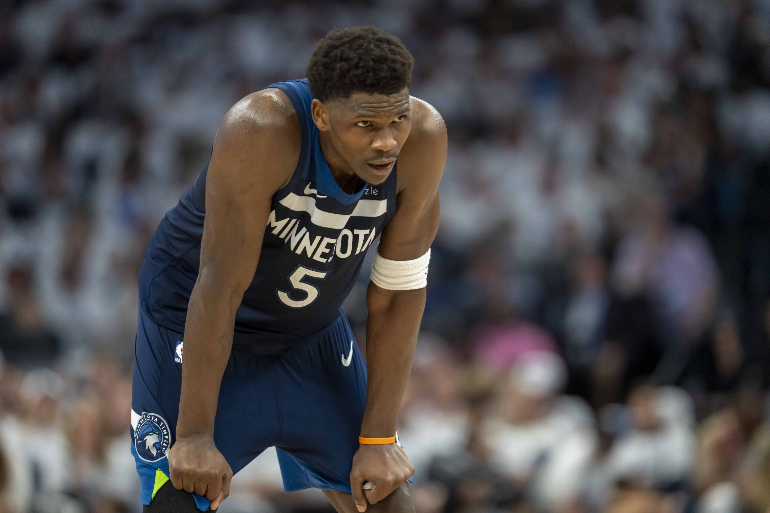 Minnesota Timberwolves guard Anthony Edwards (5) looks on against the Golden State Warriors in the first half during game five of the second round for the 2025 NBA Playoffs at Target Center.