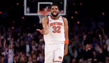 New York Knicks center Karl-Anthony Towns (32) celebrates his three point shot against the Boston Celtics during the first quarter of game six in the second round of the 2025 NBA Playoffs at Madison Square Garden.
