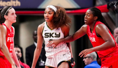 South Carolina basketball alum Kamilla Cardoso battling for the opening tip with former teammate Aliyah Boston. Photo Credit: Kamil Krzaczynski-USA TODAY Sports