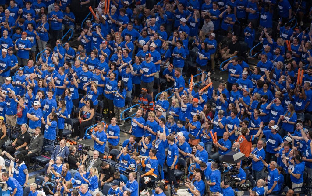 May 22, 2025; Oklahoma City, Oklahoma, USA; Oklahoma City Thunder fans in the third quarter against the Minnesota Timberwolves during game two of the western conference finals for the 2025 NBA Playoffs at Paycom Center. Mandatory Credit: Brett Rojo-Imagn Images