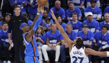 Oklahoma City Thunder guard Shai Gilgeous-Alexander (2) shoots against Minnesota Timberwolves center Rudy Gobert (27) in the fourth quarter during game two of the western conference finals for the 2025 NBA Playoffs at Paycom Center.