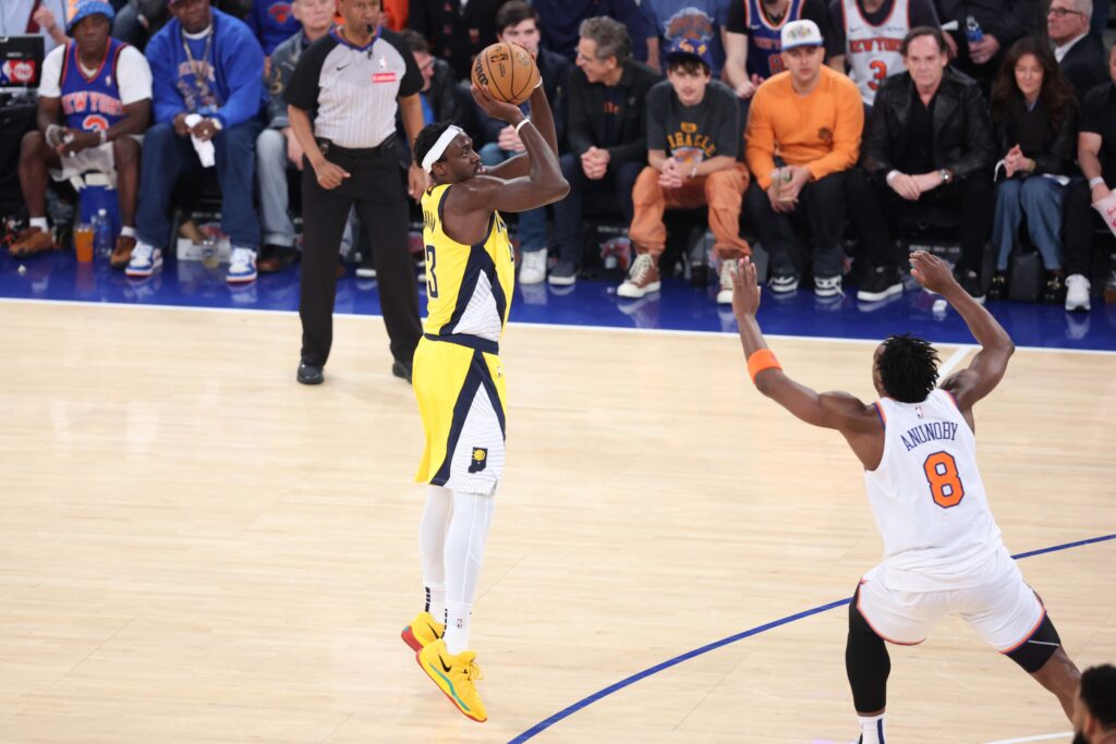 May 23, 2025; New York, New York, USA; Indiana Pacers forward Pascal Siakam (43) shoots against New York Knicks forward OG Anunoby (8) in the first quarter during game two of the eastern conference finals for the 2025 NBA Playoffs at Madison Square Garden. Mandatory Credit: Wendell Cruz-Imagn Images
