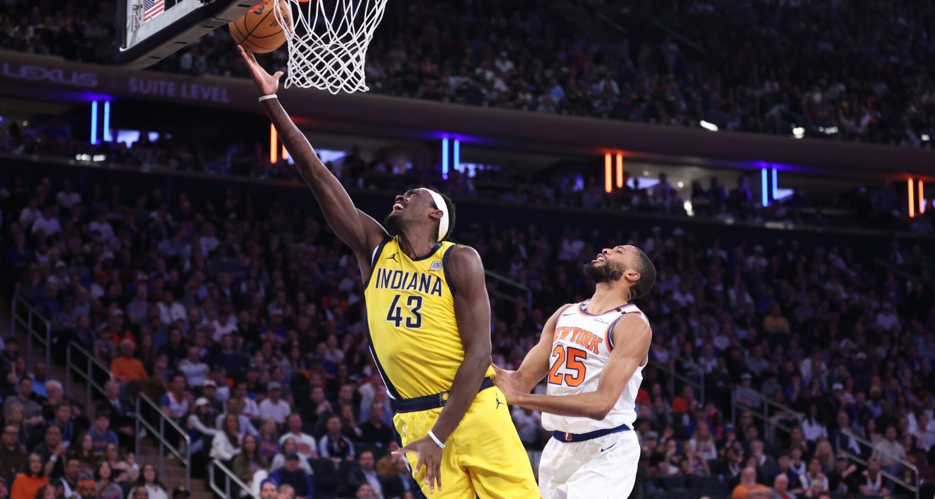 May 23, 2025; New York, New York, USA; Indiana Pacers forward Pascal Siakam (43) shoots against New York Knicks forward Mikal Bridges (25) in the second quarter during game two of the eastern conference finals for the 2025 NBA Playoffs at Madison Square Garden. Mandatory Credit: Wendell Cruz-Imagn Images