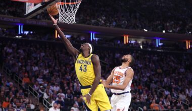 May 23, 2025; New York, New York, USA; Indiana Pacers forward Pascal Siakam (43) shoots against New York Knicks forward Mikal Bridges (25) in the second quarter during game two of the eastern conference finals for the 2025 NBA Playoffs at Madison Square Garden. Mandatory Credit: Wendell Cruz-Imagn Images