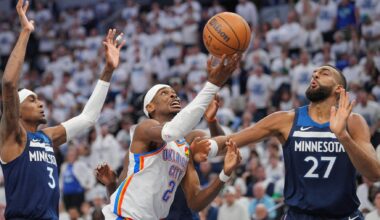May 24, 2025; Minneapolis, Minnesota, USA; Oklahoma City Thunder guard Shai Gilgeous-Alexander (2) shoots the ball over Minnesota Timberwolves center Rudy Gobert (27) during the first half in game three of the western conference finals for the 2025 NBA Playoffs at Target Center. Mandatory Credit: Brad Rempel-Imagn Images