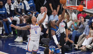 Minnesota Timberwolves forward Leonard Miller (33) shoots the ball over Oklahoma City Thunder forward Jaylin Williams (6) during the second half in game three of the western conference finals for the 2025 NBA Playoffs at Target Center.