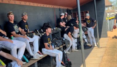 UWO baseball team sitting in the dugout