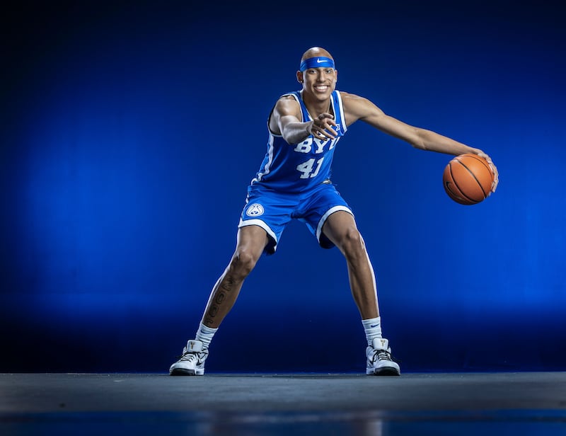 BYU center Xavion Staton poses for a picture during recruiting trip to Provo.