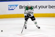 Dallas Stars center Mavrik Bourque (22) warms up before Game 6 of the Stanley Cup Western...