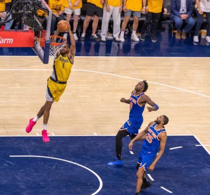 Indiana Pacers vs New York Knicks 2025 NBA Playoffs Eastern Conference Finals at Gainbridge Fieldhouse in downtown Indianapolis, Indiana.