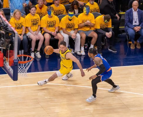 Indiana Pacers vs New York Knicks 2025 NBA Playoffs Eastern Conference Finals at Gainbridge Fieldhouse in downtown Indianapolis, Indiana.