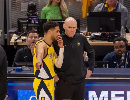 Tyrese Haliburton and Rick Carlisle of the Pacers during the NBA Playoffs 2025 Eastern Conference Finals Game 4.